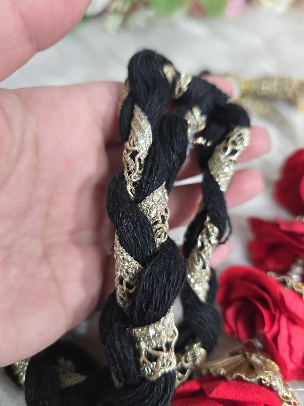 Handcrafted Black & Red Floral Braided Hair Accessory